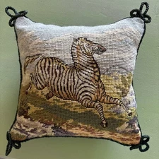 Zebra Needlepoint & Petit Point Pillow 8” Stuffed 100% Wool, Green Velvet Back