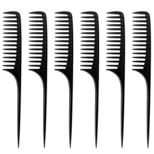 6-Pack Wide Tooth Tail Combs, Heat Resistant Black Carbon Fiber Teasing Salon Co