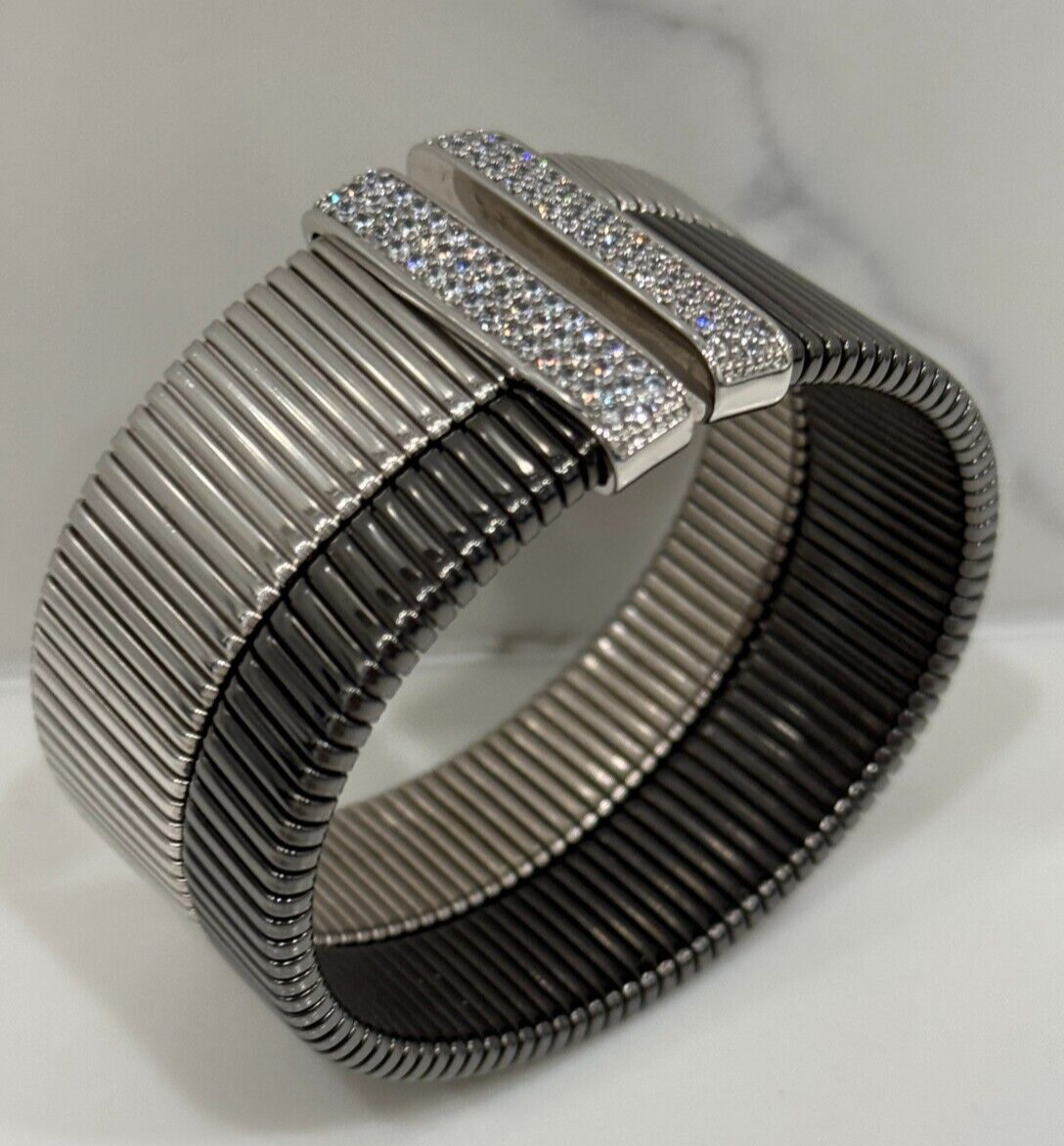 Bronze Milor Italy Large Gooseneck Silver Tone Chunky Flexible CZ Bracelet