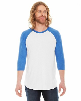 Gildan American Apparel Raglan 3/4 Sleeve T-Shirt White Electric Blue XL  (CL121)