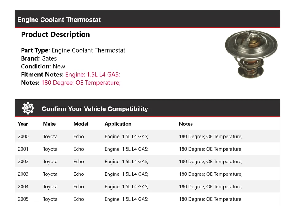 Para Toyota Echo 2000-2005 1.5L L4 GAS Motor Refrigerante Termostato Puertas 2001 2002 Foto 2 de 4