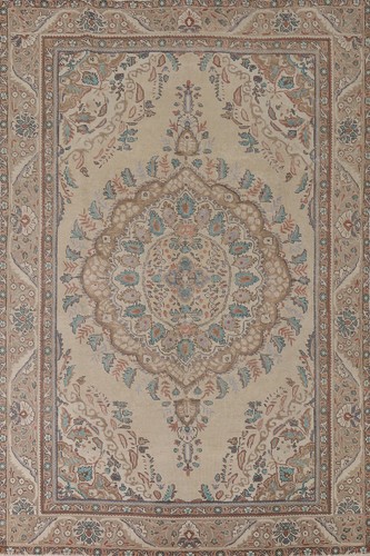 Vintage Traditional Beige/ Brown Tebriz Living Room Rug 7x10 Handmade Wool Rug