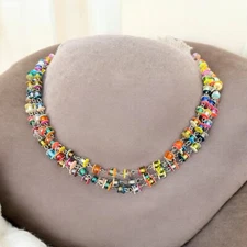 Zad Necklace Multi Color Plastic Bead Sequin Brass Multi Strand Beaded Choker