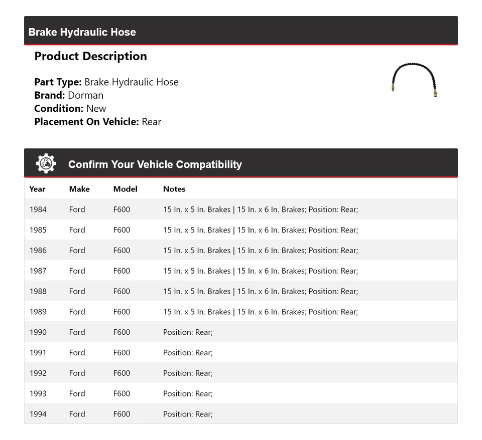 Manguera hidráulica de freno trasera para Ford F600 Dorman 1984-1994 1985 1986 1987 1988 Foto 2 de 4