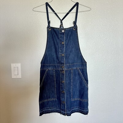 American Eagle Denim Bib Dress Jumper Overall Pockets Raw Hem Distressed  Women M