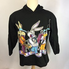 Vintage Looney Tunes Warner Bros Hip Hop 90's Big Logo Hoodie T Shirt L/M Black