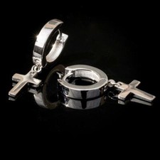 Men's White Gold Plated Sterling Silver Cross Dangle Drop Huggie Hoop Earrings