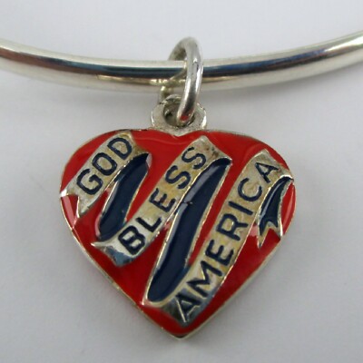Sterling Silver GOD BLESS AMERICA Charm for Bracelet HEART Patriotic JULY 4TH