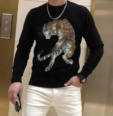 New Men Luxury Diamond Tiger Rhinestones Fashion Knitted Black Sweater
