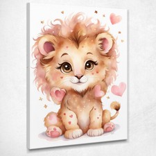 Decorazione Per Cameretta, Quadro Per Bimbo, Leone Cucciolo Con Cuori Rosa , ban