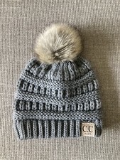 C.C Baby Gray Stretch Soft Cable Knit Hat Beanie w Faux Fur Pom Pom