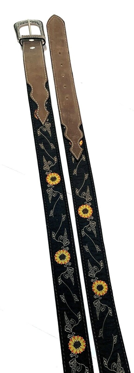 Women's Genuine Leather Western Belt With Floral Embroidery - Brown Rodeo Style