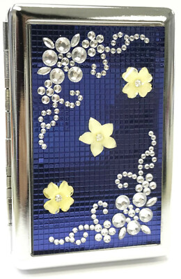 Eclipse Blue Crystal Flower Design Crushproof Metal Cigarette Case Wallet, 100s