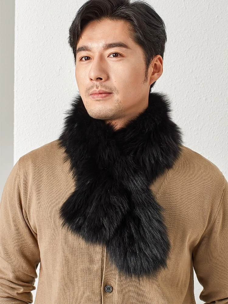 Men's Genuine Fox Fur Scarf Warm Knit Long Neck Warmer Scarf Black