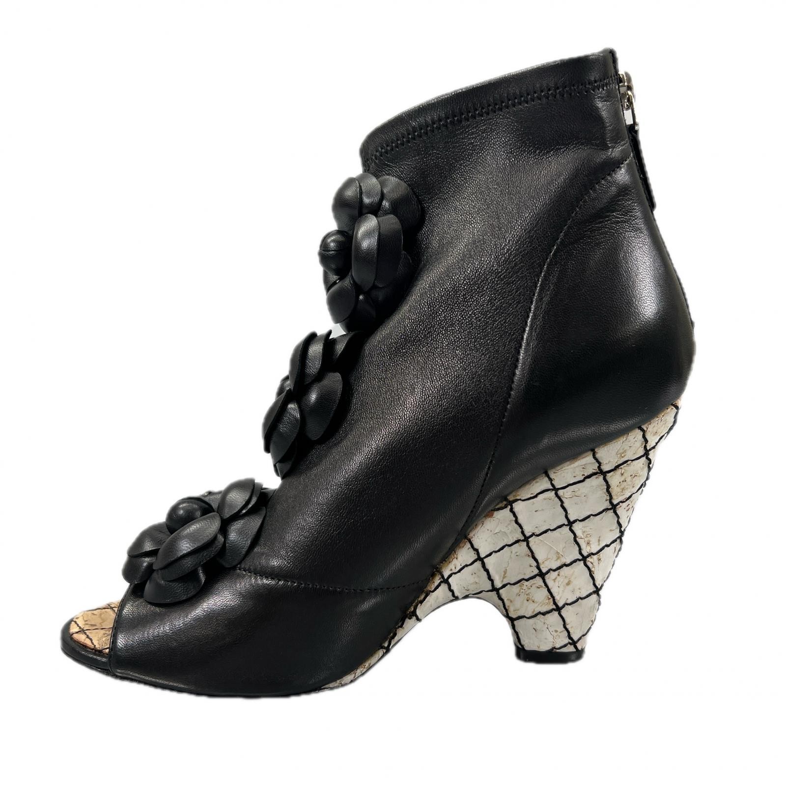 CHANEL Shoes Pumps Heel Camellia EU 37 US 7 Leather Black Authentic thumbnail 8