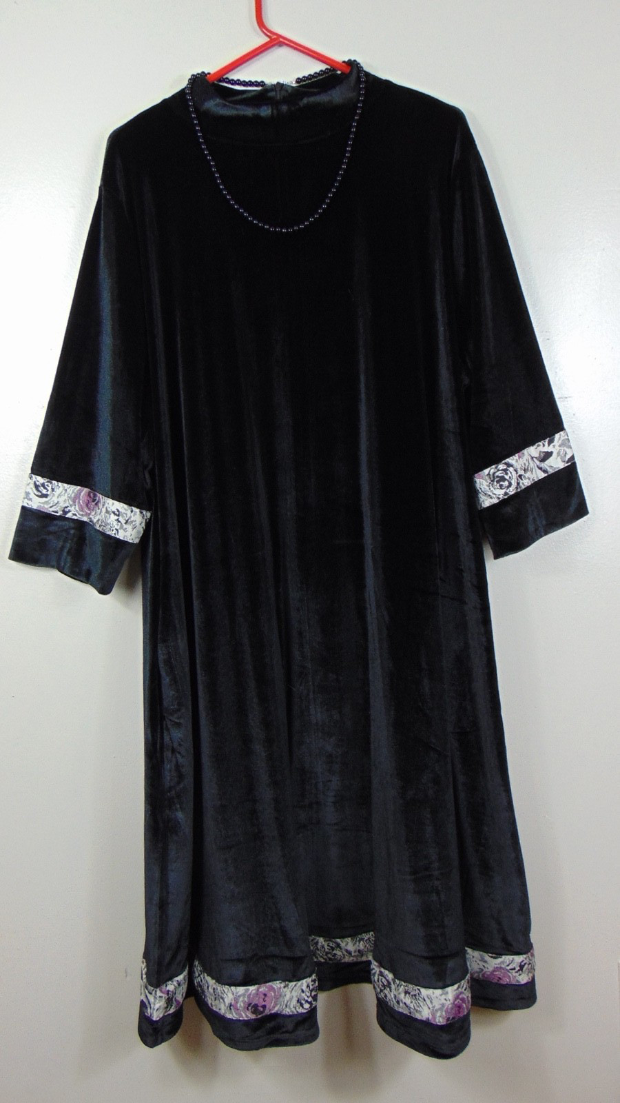 Ulla Popken Dress Womens 24 26 Velvet Black Floral Tapestry Trim Necklace 3/4 Sl