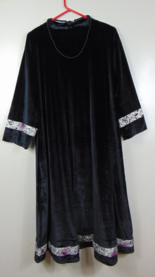 Ulla Popken Dress Womens 24 26 Velvet Black Floral Tapestry Trim Necklace 3/4 Sl