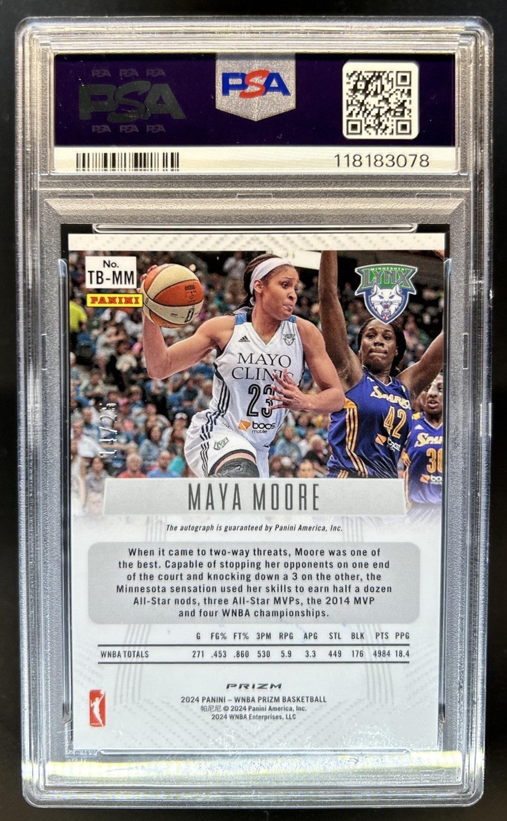 2024 Panini WNBA Prizm Maya Moore Throwback Signatures Mojo Auto #/25 PSA 10 view 2