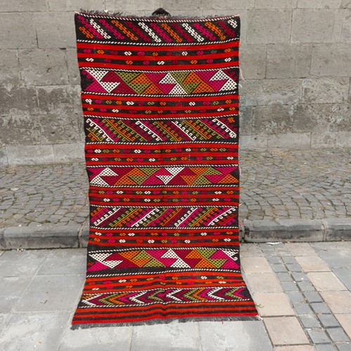 3.71 x 7.32 ft Vintage Turkish Kilim Rug , 113 x 223 cm Handmade 4x7 Wool Kelim
