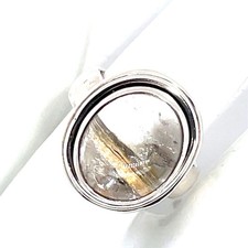 925 Sterling Silver Oval Rutilated Quartz Cabochon Ring Size 8-3/4 - 12.2 Grams