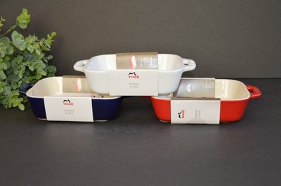 NEW STAUB SMALL RECTANGULAR CERAMIC CASSEROLE DISH WHITE, BLUE & RED