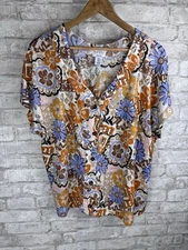 Nicole Miller 100% Linen Button Up Top Shirt V Neck Neutral Floral Size XL