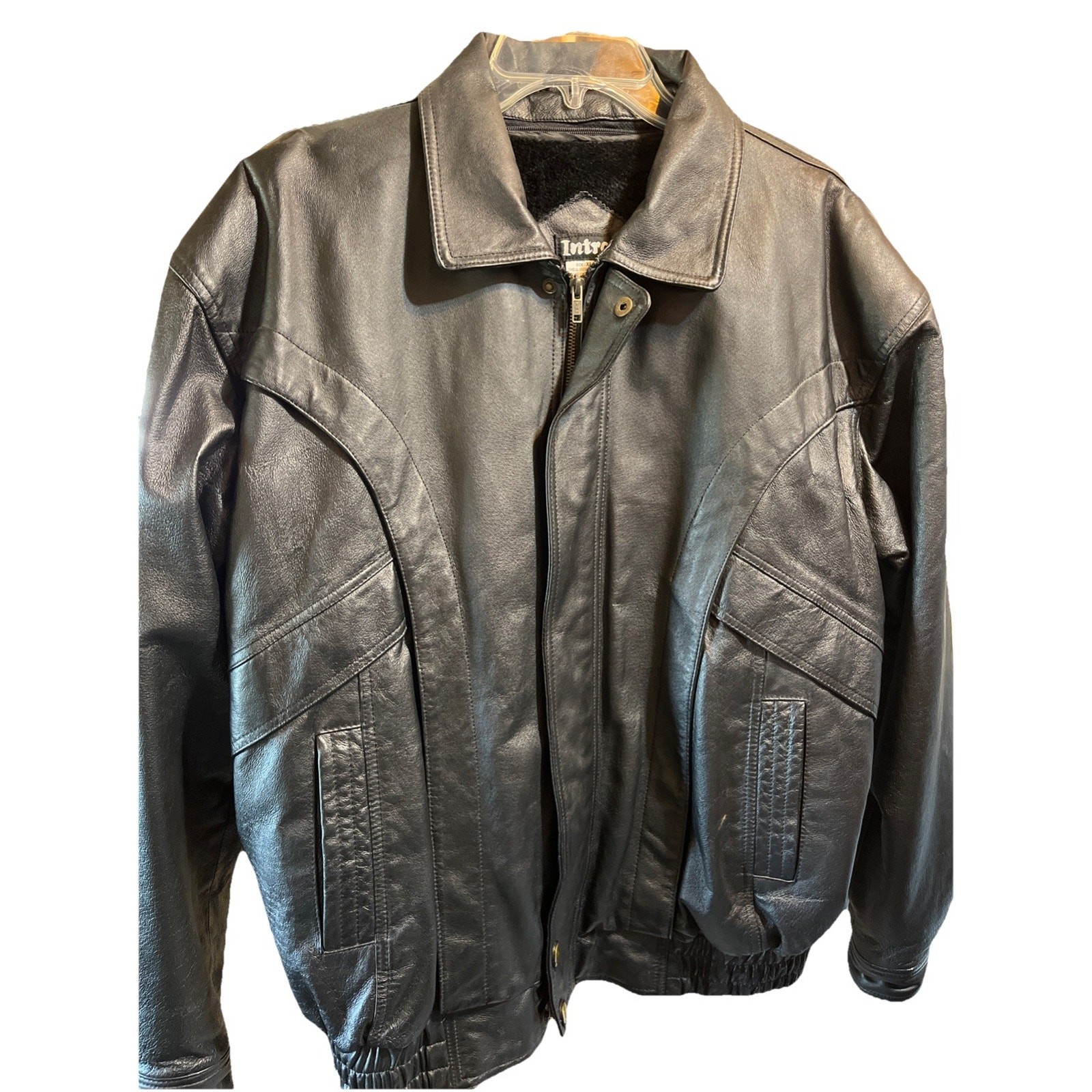Intro Men’s Bomber Leather Jacket Size XL Y2K Vintage Black Long Sleeve Full Zip