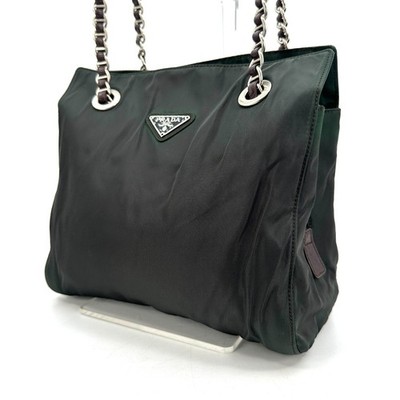 PRADA Shoulder Bag Cain Nylon Leather Green Khaki Triangle Logo Plate Black Auth