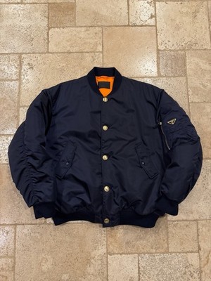 PRADA ネイビー MA-1フライトジャケット Prada Re-Nylon Gold Logo Navy Blue Oversized Bomber Jacket | eBay