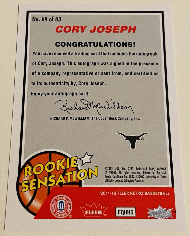 Cory Joseph 2011-12 Fleer Retro Autographs Rookie Sensation Auto RC 🏀🔥✍️ - Image 3 of 3