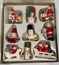 Vintage Wooden Christmas Ornaments - Set of 9 In Box - Santa - Snowman