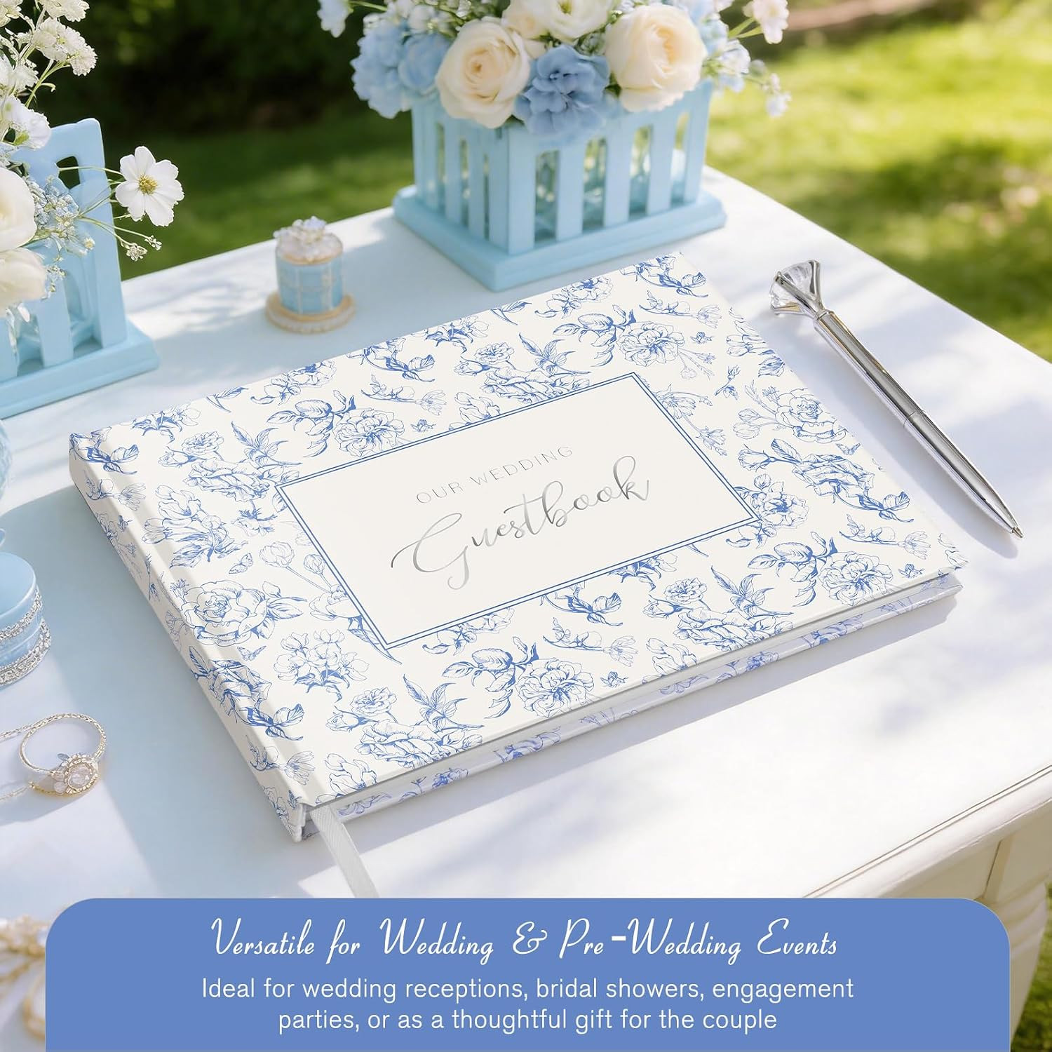 как выглядит Blue Floral Wedding Guest Book Hardcover with Pen - 9X7 Inch 144 Pages Sign in B фото