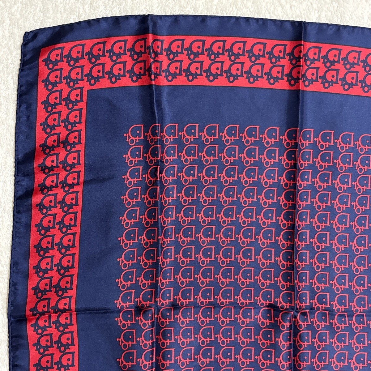 Christian Dior Silk Scarf 26in Navy Red Trotter Monogram Logo