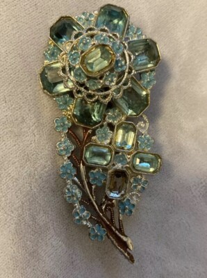 Vintage Aqua Green Emerald Cut Rhinestone 3  Flower Brooch Missing Stones Patina