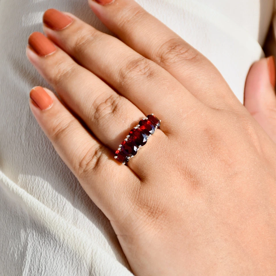 Ring 925 Garnet Silver Sterling Stackable Band Gemstone Red Natural Size Stone  - Image 2 of 4