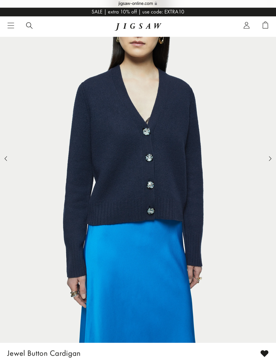 Jigsaw Cardigan XL to Fit UK16 w/ Jewel Buttons Navy 100% Wool