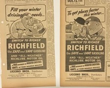 Two 1938 newspaper ads for Richfield Gas - Taxi driver, dentist and patient