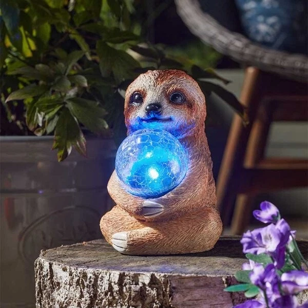 Solar Sloth Garden Ornament Statue Light Up Crackle Ball LED Decoration Lighting - Image 2 of 4
