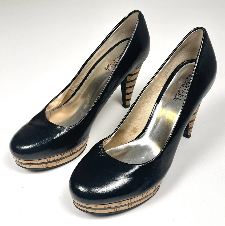 MICHAEL KORS Mujer EE. UU. 8M Cuero Negro Dermott Rayas Corcho Plataforma BOMBAS USADAS EN EXCELENTE ESTADO Foto 2 de 4
