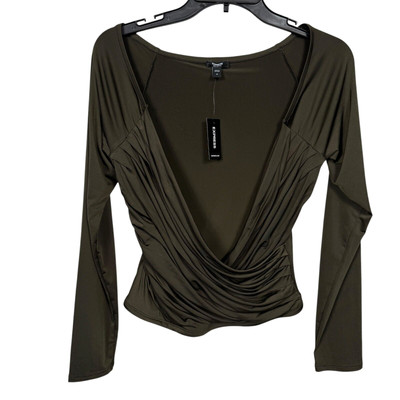 Express Body Contour Top Medium Dark Olive Green Liquid Knit Draped Classy