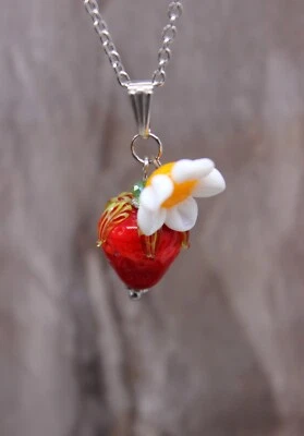 Erdbeeren Kette Früchte Collier Blume Lampwork Perlen Damen Edelstahl #MB040 - Bild 1 von 4