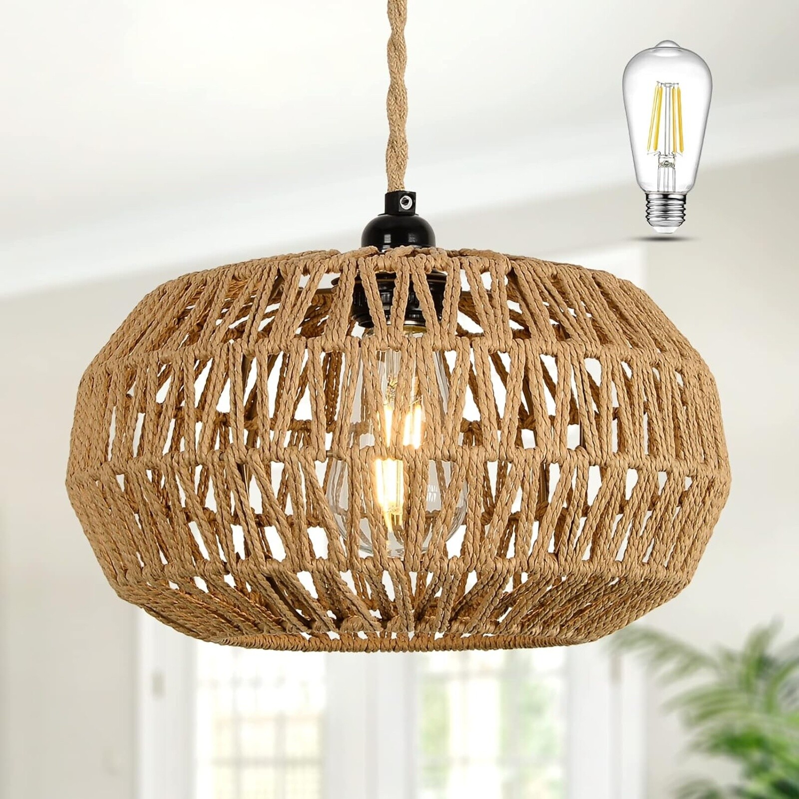 Boho Farmhouse LED Rattan Pendant Light Fixture with Rustic Wicker Design