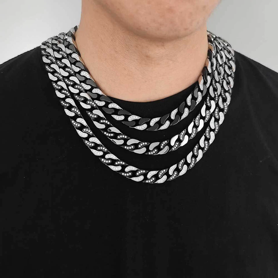 Collar de cadena de eslabones cubanos de acero inoxidable hip hop de 12 mm de circón completo joyería para hombre Foto 3 de 4