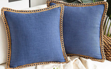 Pair Farmhouse Linen Pillow Covers Burlap Trimmed Edge 16 x 16 Navy S03