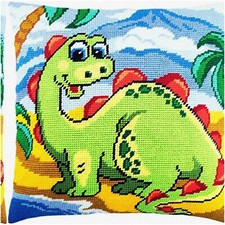 DinoStitch Throw Pillow Kit - European Quality. Stamped Cross-Stitch. Printed Ta