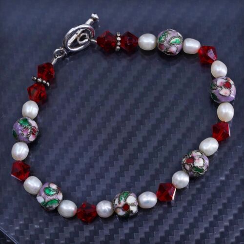 6.25”, sterling silver 925 handmade bracelet with red crystal cubes pearl beads - Picture 1 of 7