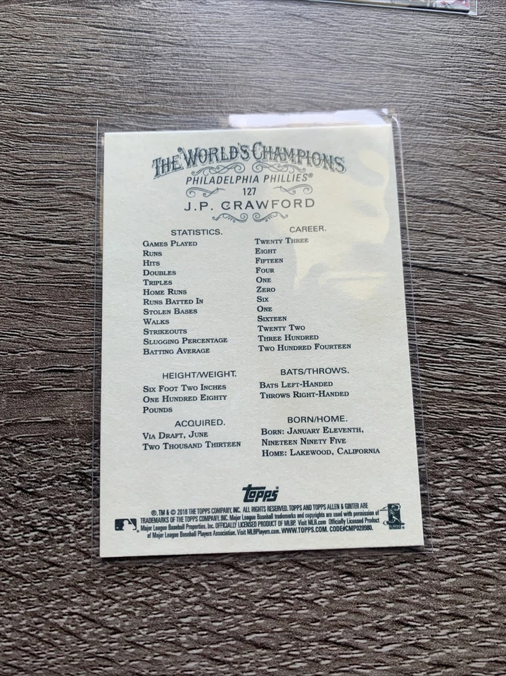 2018 TOPPS ALLEN GINTER BASE ROOKIE CARD PHILADELPHIA PHILLIES JP CRAWFORD #127 - Image 2 of 2