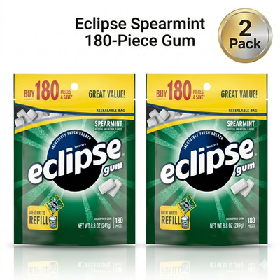 (2 Pack) Eclipse Spearmint Sugar Free Chewing Gum, Value Pack - 180 ct Bag