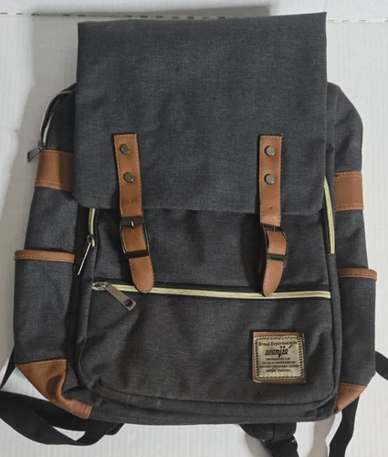 WENJIE Vintage Gray Canvas Laptop Backpack Missing Front Button & Stud