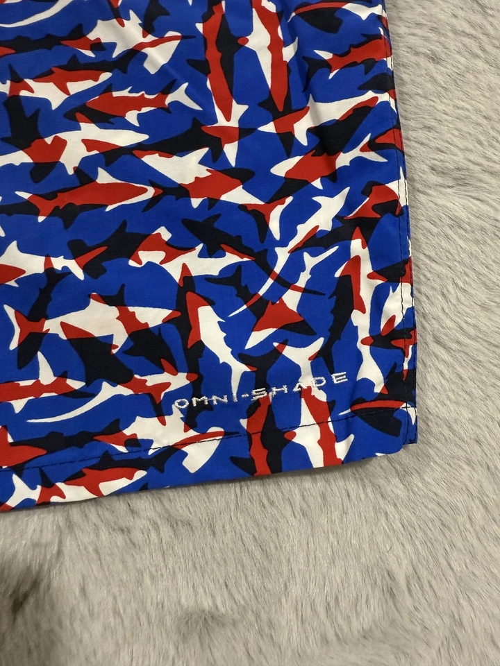 Columbia PFG Pantalones Cortos Niños XL 18/20 Azul Rojo Estampado Tiburón Omni-Sombra UPF 50 Natación Foto 4 de 4